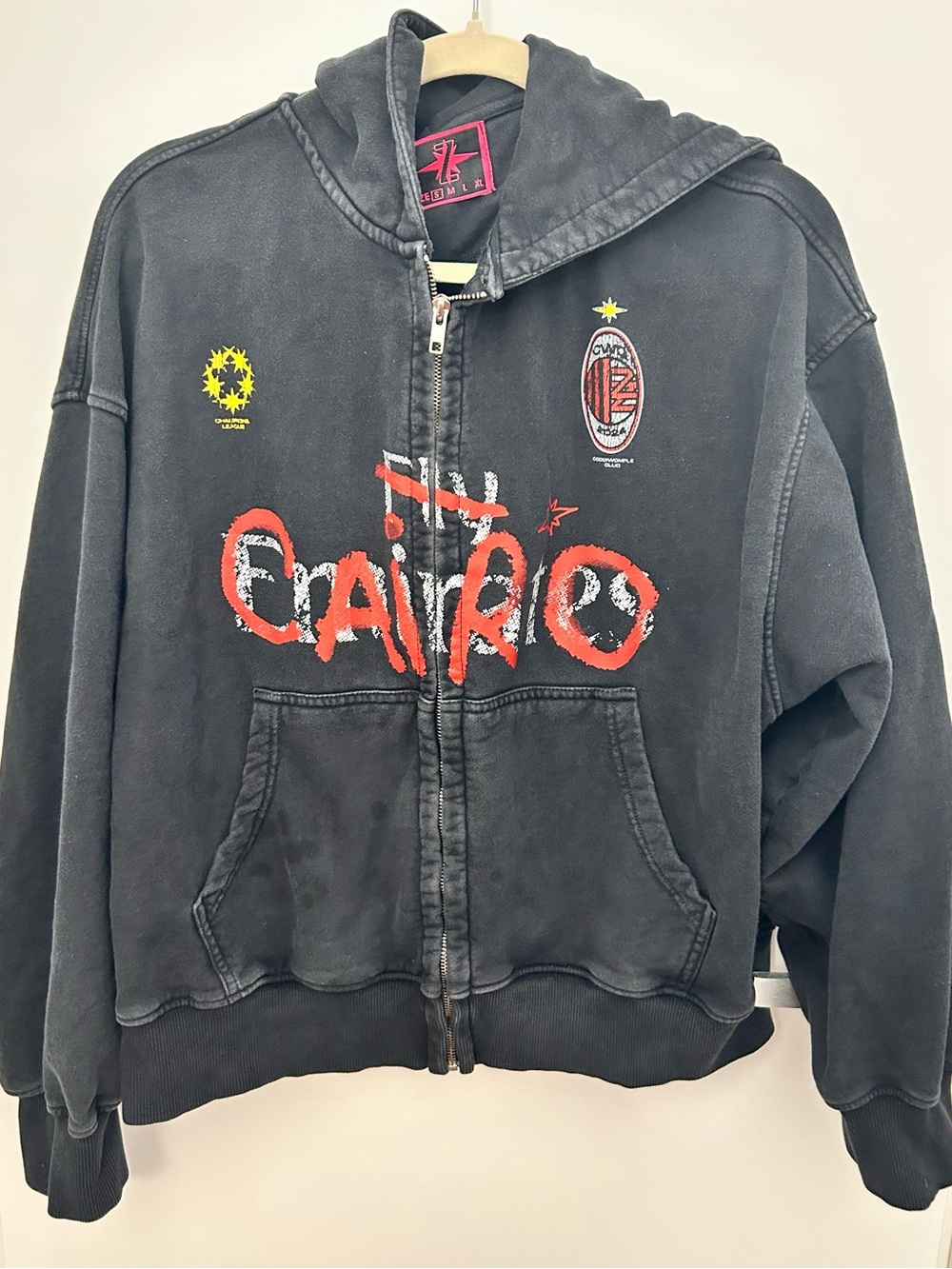 Black Graphic Zip-Up Hoodie with Red 'Cairo' Print